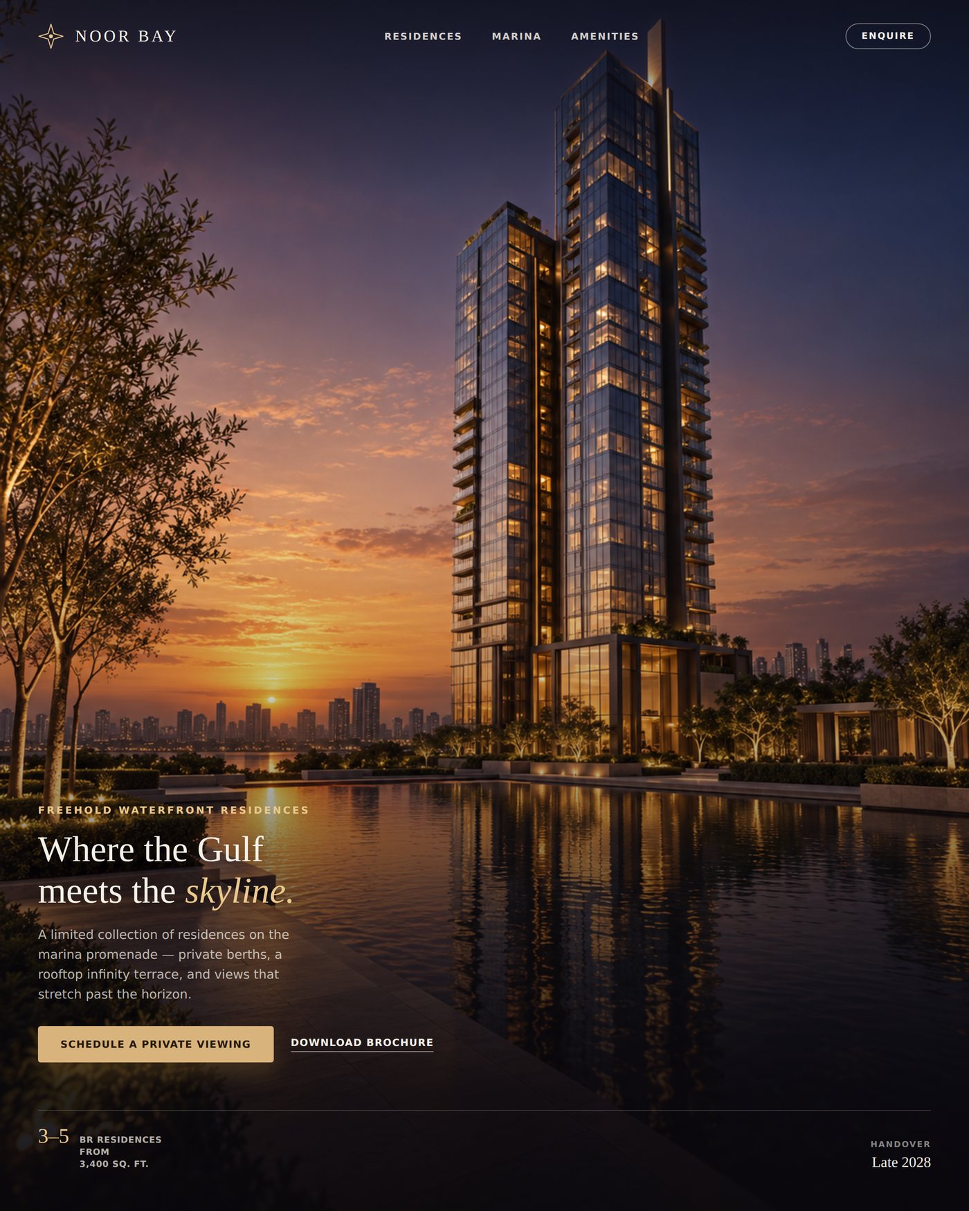 Noor Bay website presentation showing a waterfront residential tower at sunset and a private viewing invitation
