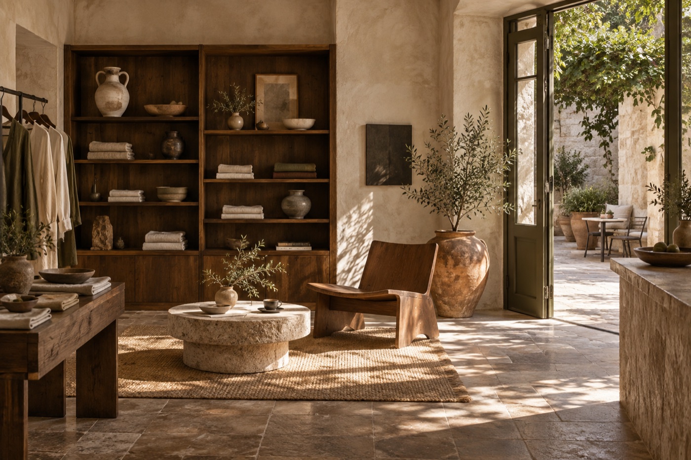 Boutique interior with handmade ceramics, linen and a sunlit courtyard