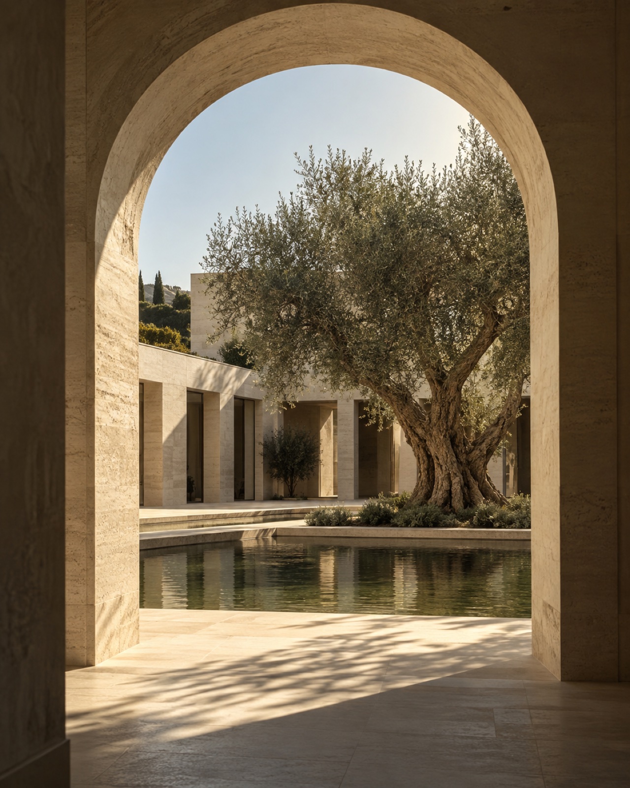 A sunlit stone arch framing an olive tree and reflecting pool